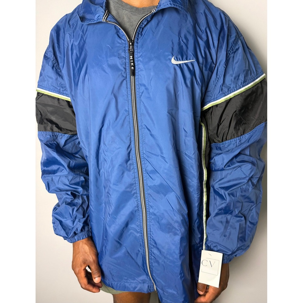 Nike Windbreaker Jacket Mens XL Blue Black Colorblock Neon Trim Full Zip Vintage